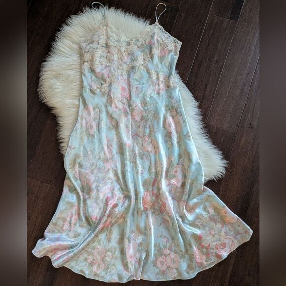 Vintags Victoria Secret Gold Label Night Gown Slip Midi Dress Floral Lace 90s L
